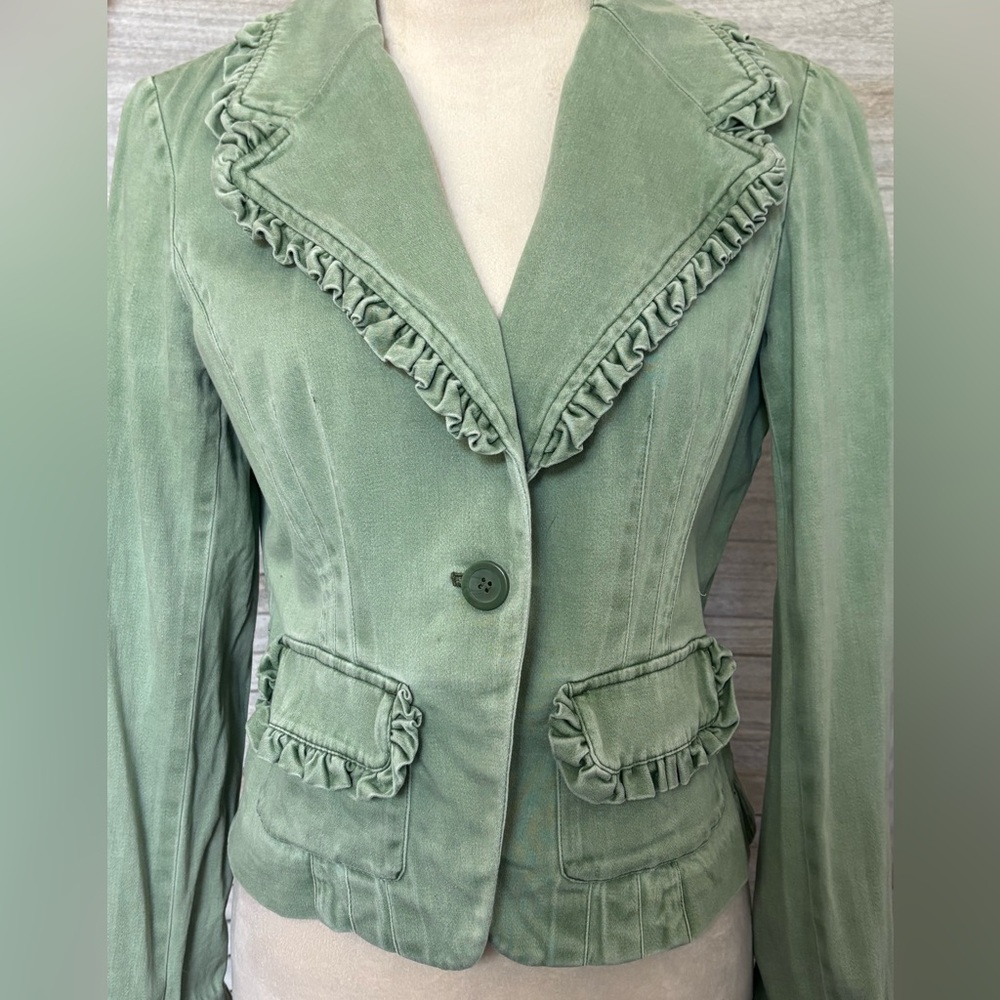 INC Women’s SZ S Vintage Cropped Blazer w/Ruffled Collar/Pockets/Cuffs LightSage - Picture 4 of 16
